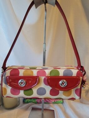 Brighton Vintage Polka Dot Shoulder Bag with Red Patent Leather Accents